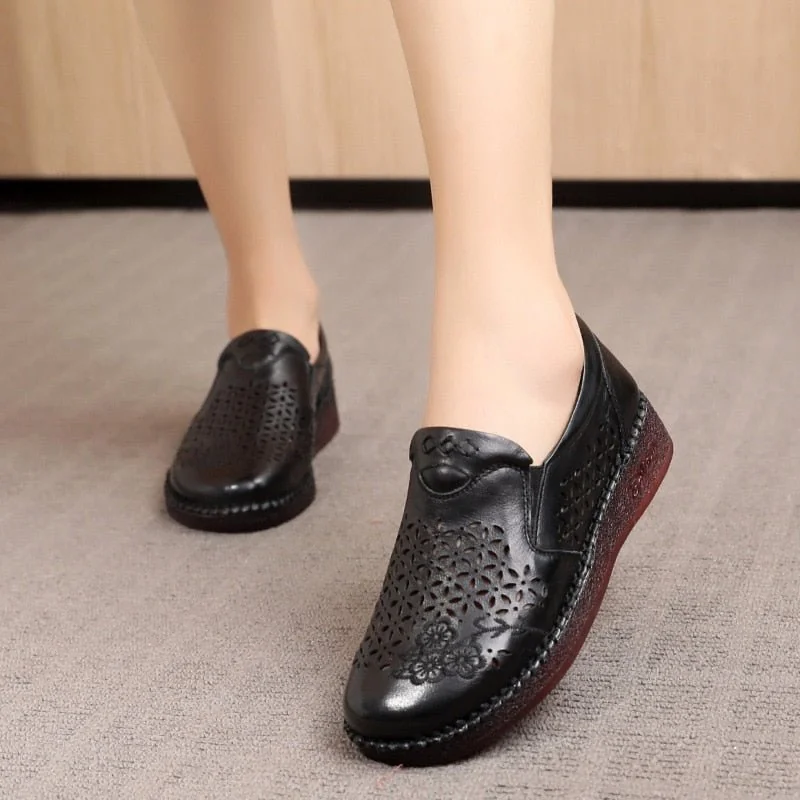Spring Summer Slip On Women Shoes Hollow Breathable Genuine Leather Moccasins Flats Shoes Female - Image 16