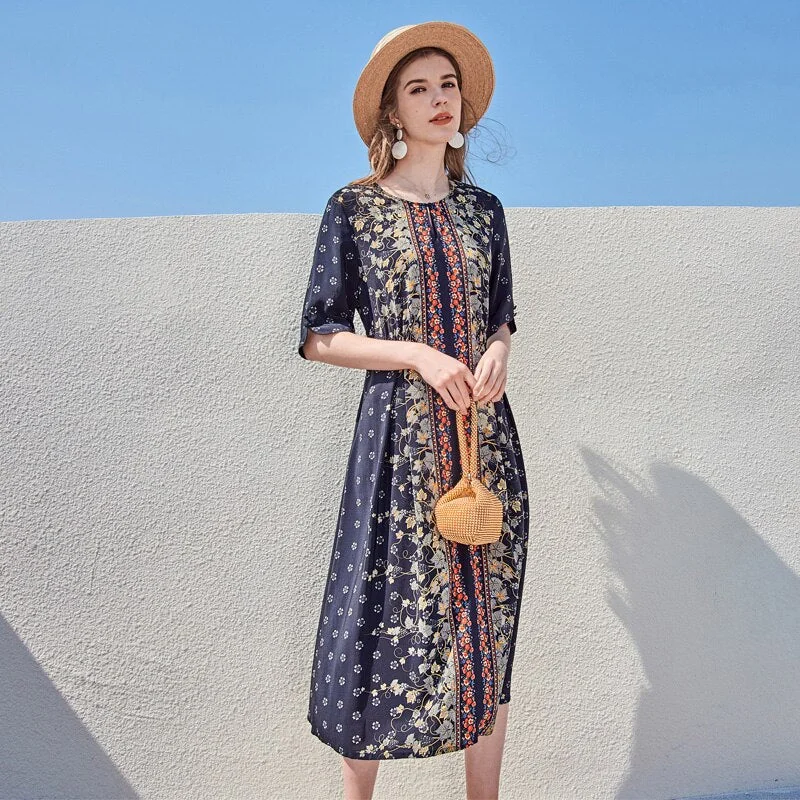 100% Silk Women's Runway Dresses O Neck Short Sleeves Printed Lace Up Fashion Casual Mid Summer Dresses - Image 3