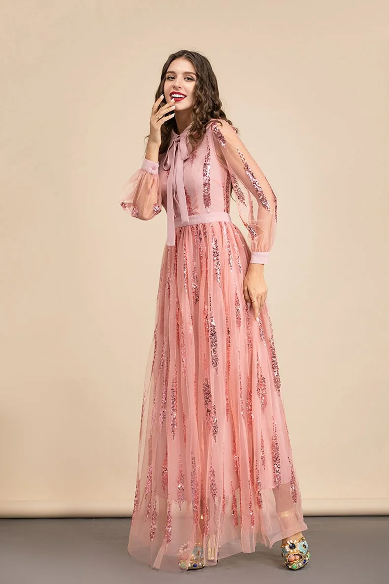 Women's Runway Dresses Turn Down Collar Long Sleeves Sequined Patchwork Elegant Maxi Party Dresses - Image 3