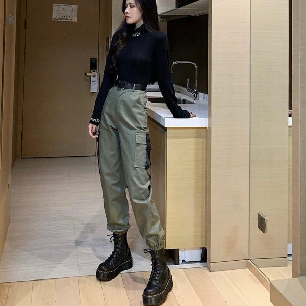 Spring Autumn Ribbon Cargo Pants For Women High Waist Hip Hop Trousers Loose BF Harajuku Handsome Hip Hop Pants Woman Cloth - Takalr