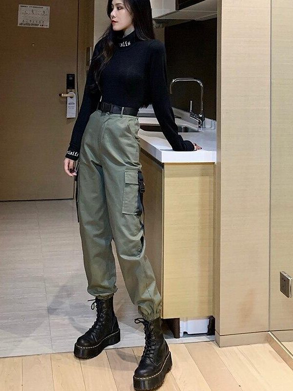 Spring Autumn Ribbon Cargo Pants For Women High Waist Hip Hop Trousers Loose BF Harajuku Handsome Hip Hop Pants Woman Cloth - Takalr