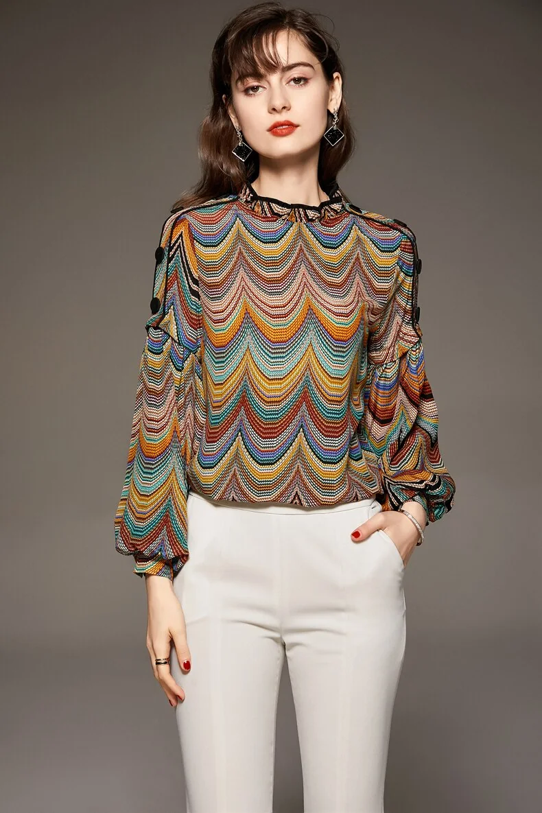 100% Silk Women's Shirt Ruffled Collar Long Lantern Sleeves Waves Printed Piping Fashion Casual Blouse