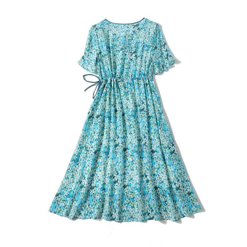 100% Silk Women's Dresses O Neck Short Sleeves Lace Up Waist Floral Printed Elegant Summer Dress Vestidos - Image 8