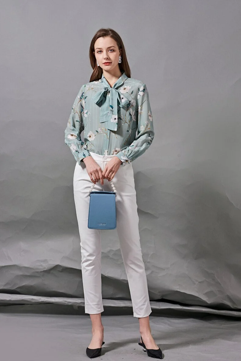 100% Silk Women's Shirt Bow Collar Lace Up Floral Printed Elegant High Street Blouse Camisa Tops - Image 11