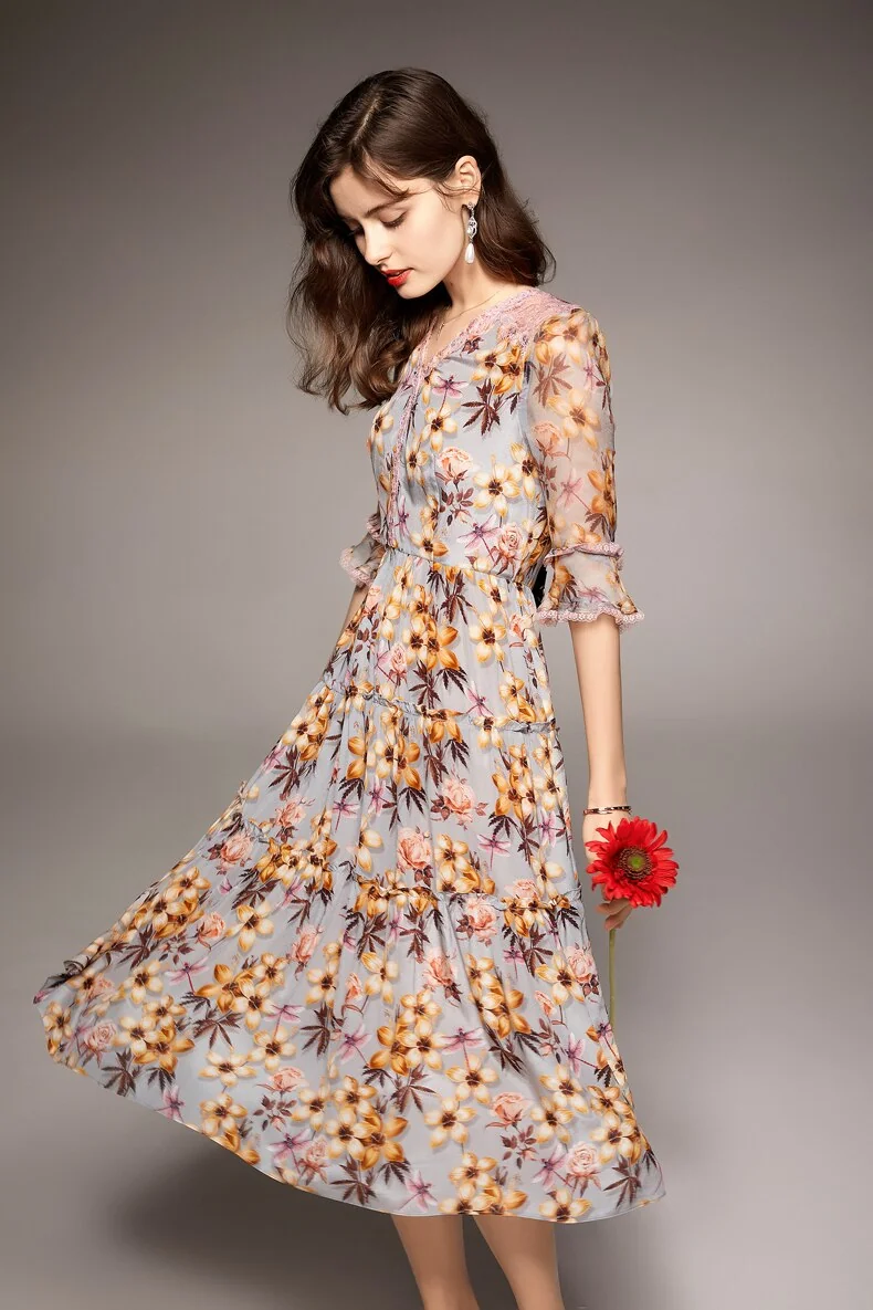 100% Natural Silk Women's Dresses Sexy V Neck Half Sleeves Lace Patchwork Floral Printed Ruffles Fashion Mid Summer Dress - Image 3