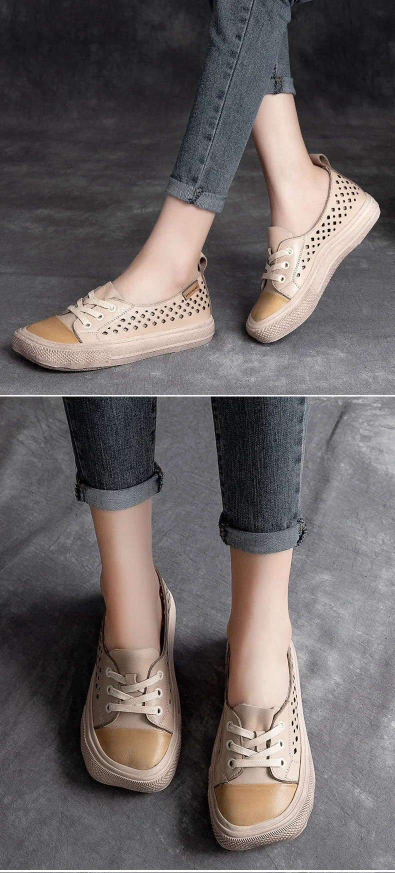 Women Sneakers Genuine Leather Lace-Up Hollow Handmade Platform Shoes - Image 8