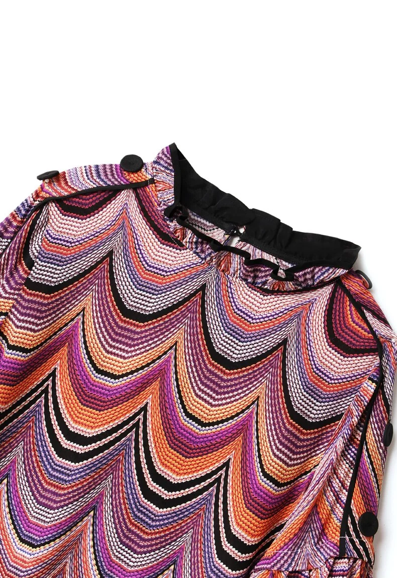 100% Silk Women's Shirt Ruffled Collar Long Lantern Sleeves Waves Printed Piping Fashion Casual Blouse - Image 19