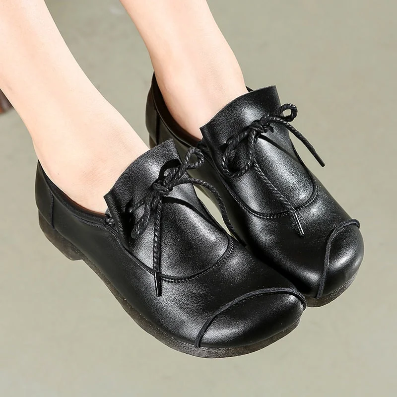 Flats Women Shoes Genuine Leather Big Toe Spring Autumn Slip-On Handmade Retro Concise Ladies Shoes - Image 2
