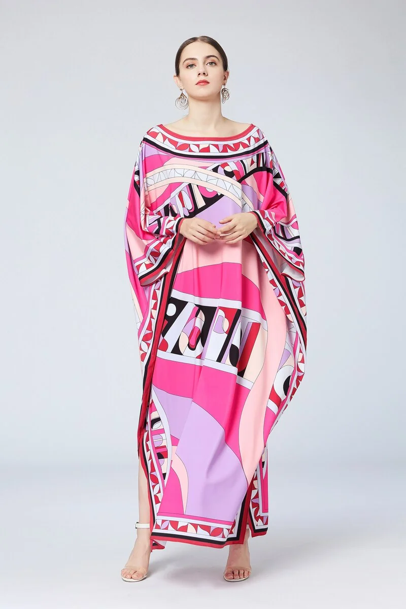 Women's Runway Loose Design Dresses Slash Neckline Batwing Sleeves Multicolor Printed Elegant High Street Maxi Dresses - Image 7