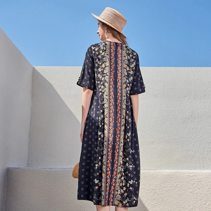 100% Silk Women's Runway Dresses O Neck Short Sleeves Printed Lace Up Fashion Casual Mid Summer Dresses - Image 5