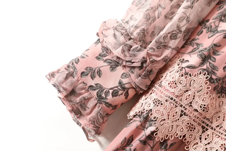 100% Natural Silk Women's Dresses O Neck Long Sleeves Ruffles Tired Lace Patchwork Printed Fashin Dress Vestidos - Image 15