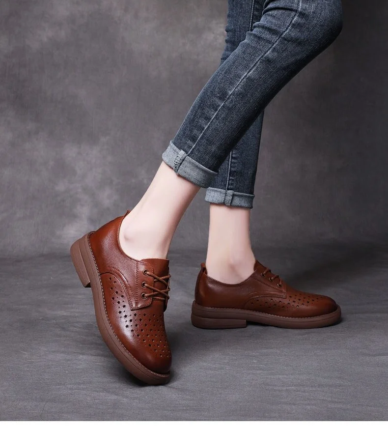 Women Flat Shoes Lace Up Moccasins Soft Genuine Leather Ladies Shoes Handmade Flats Hollow Casual Women Shoes - Image 13