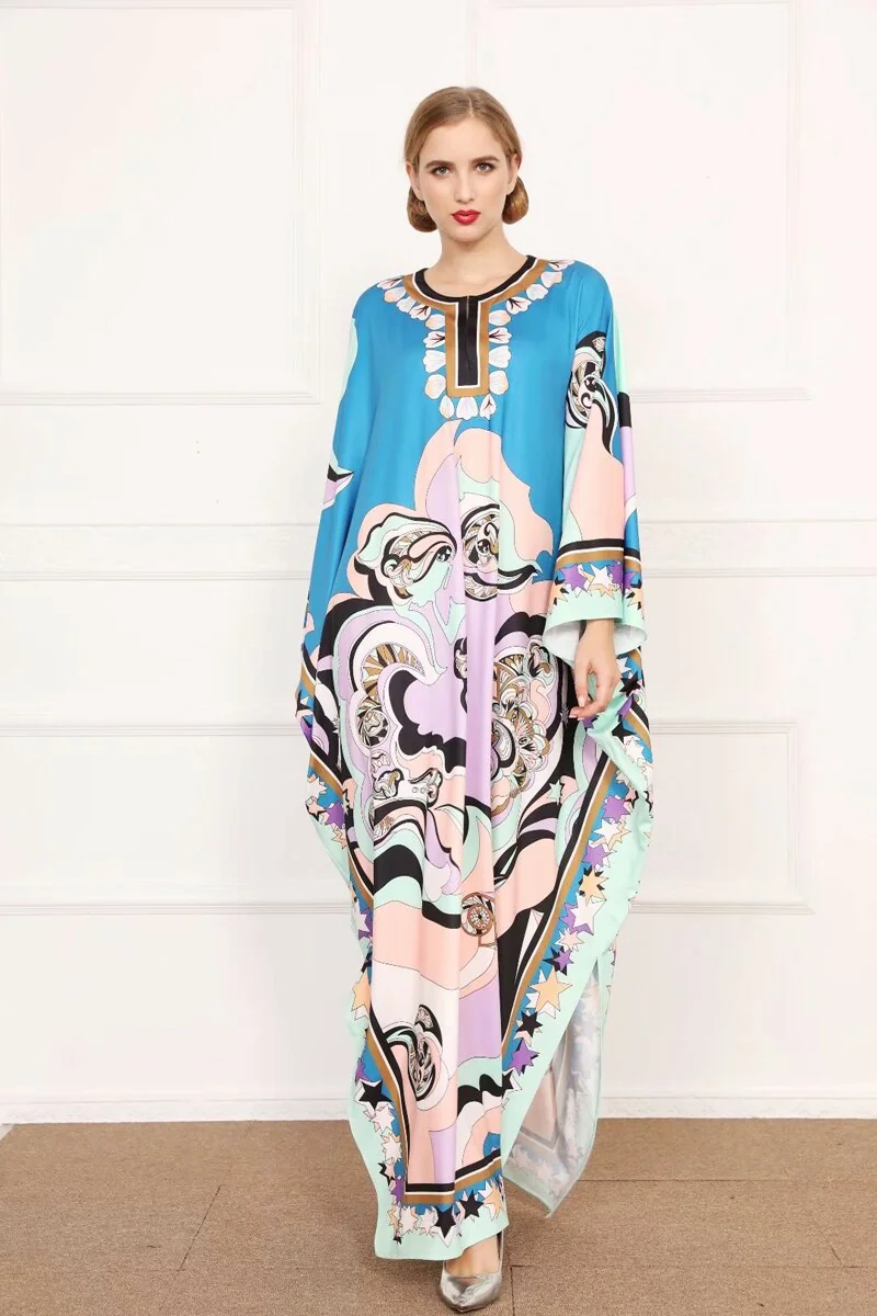 Autumn Women's Runway Dresses O Neck Batwing Sleeves Printed Loose Deisgn Plus Sizes Split Knitted Elastic Long Maxi Dresses - Image 2