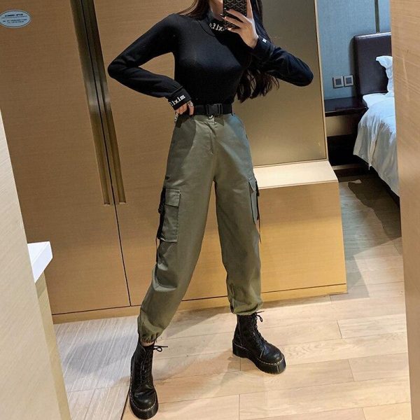 Spring Autumn Ribbon Cargo Pants For Women High Waist Hip Hop Trousers Loose BF Harajuku Handsome Hip Hop Pants Woman Cloth - Takalr