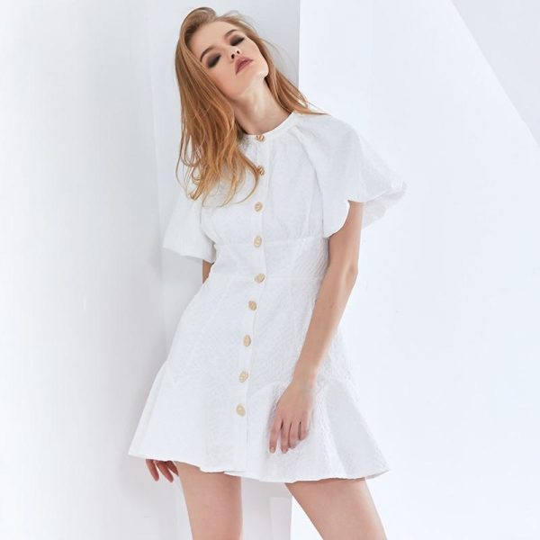 White Elegant Oversized Dress For Women O Neck Puff Sleeve High Waist Female Summer Dresses Womens Clothing 2021 - Takalr