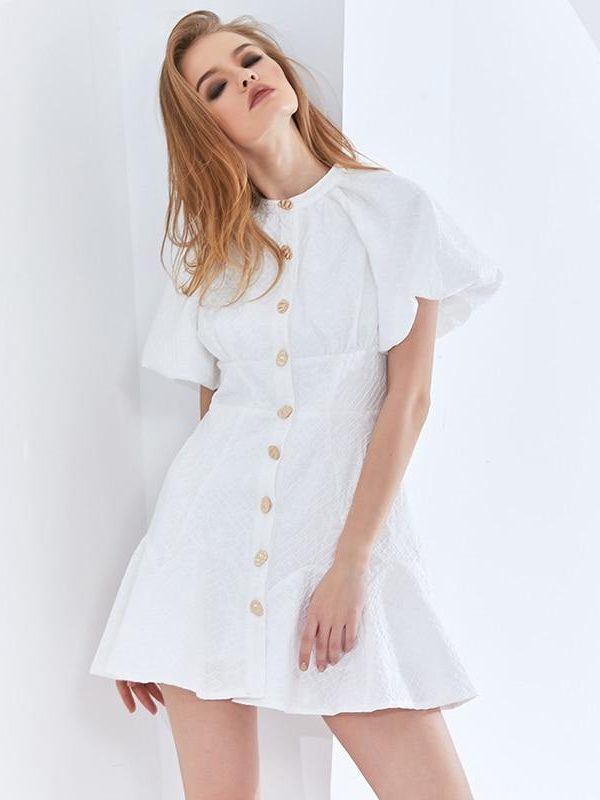 White Elegant Oversized Dress For Women O Neck Puff Sleeve High Waist Female Summer Dresses Womens Clothing 2021 - Takalr