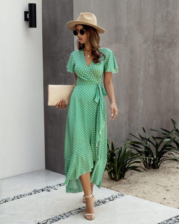 Summer Maxi Dress Women Polka Dot Sexy V Neck Ruffles Short Sleeve Holiday Long Beach Sundress Ladies Lace Up Wrap Party Dresses - Takalr