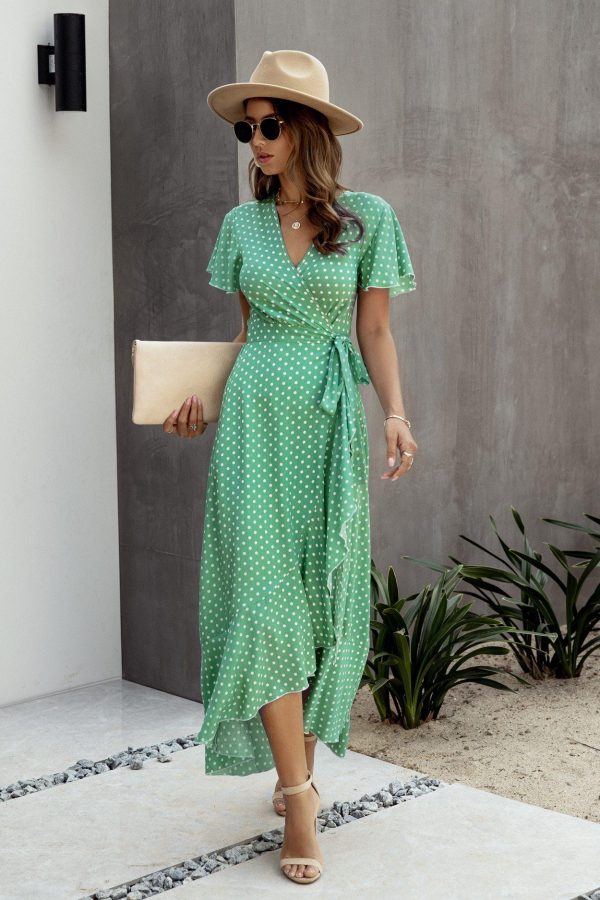 Summer Maxi Dress Women Polka Dot Sexy V Neck Ruffles Short Sleeve Holiday Long Beach Sundress Ladies Lace Up Wrap Party Dresses - Takalr