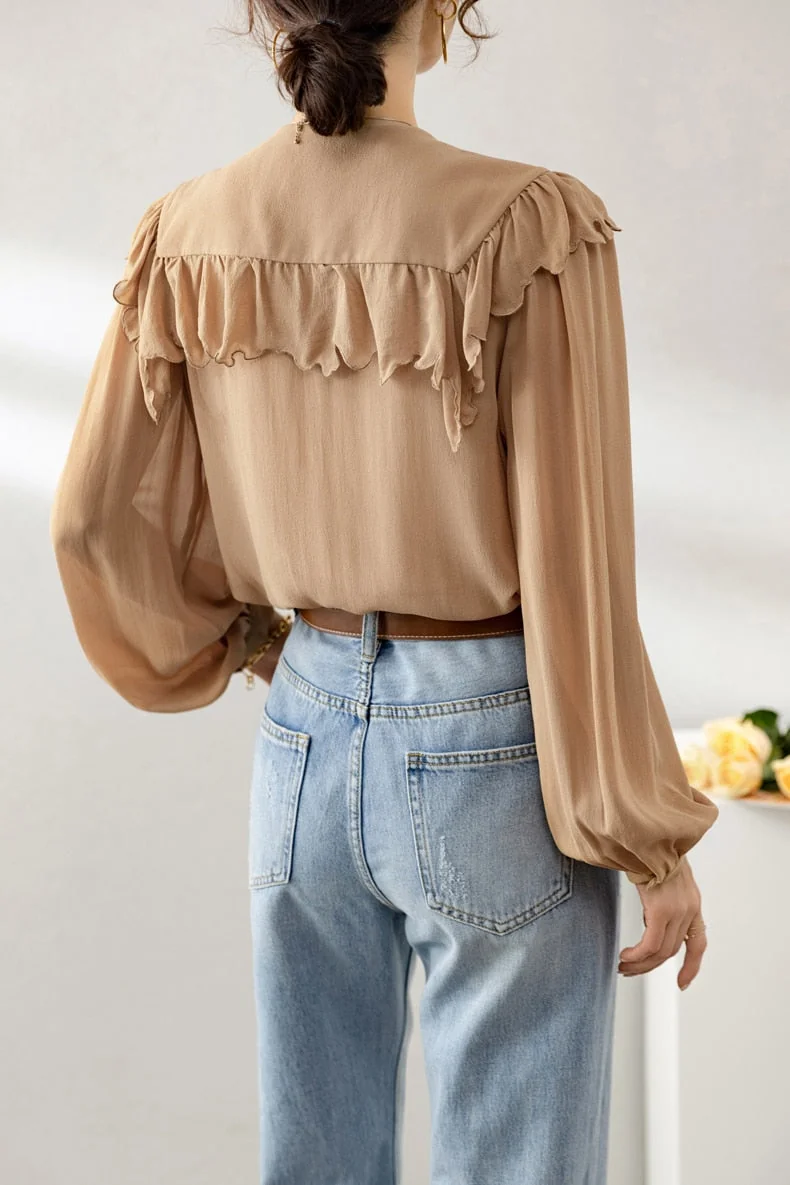 100% Silk Women's Shirt Turn Down Collar Long Sleeves Lace Up Ruffles Elegant Fashion Blouse Tops - Image 10