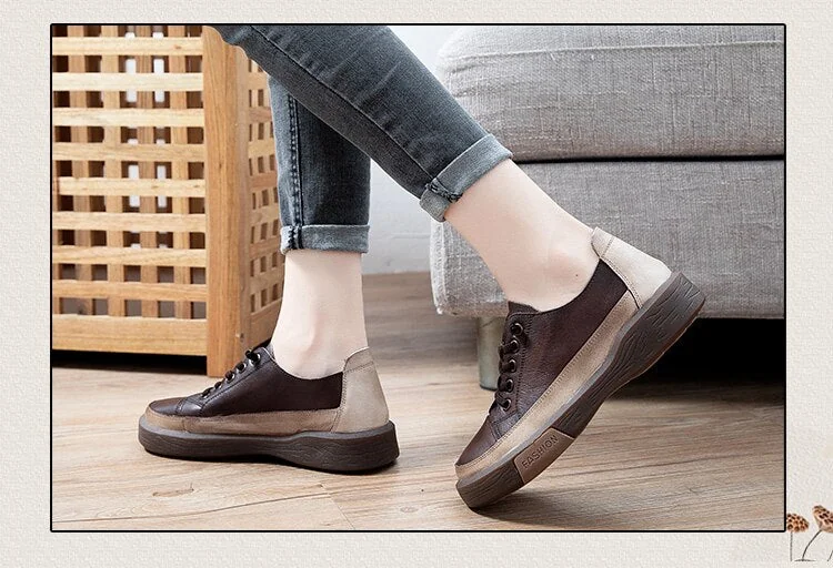 Genuine Leather Retro Women Sneakers Casual Lace Up Flat Ladies Shoes Fashion Breathable Comfort Women's Flat Shoes - Image 9