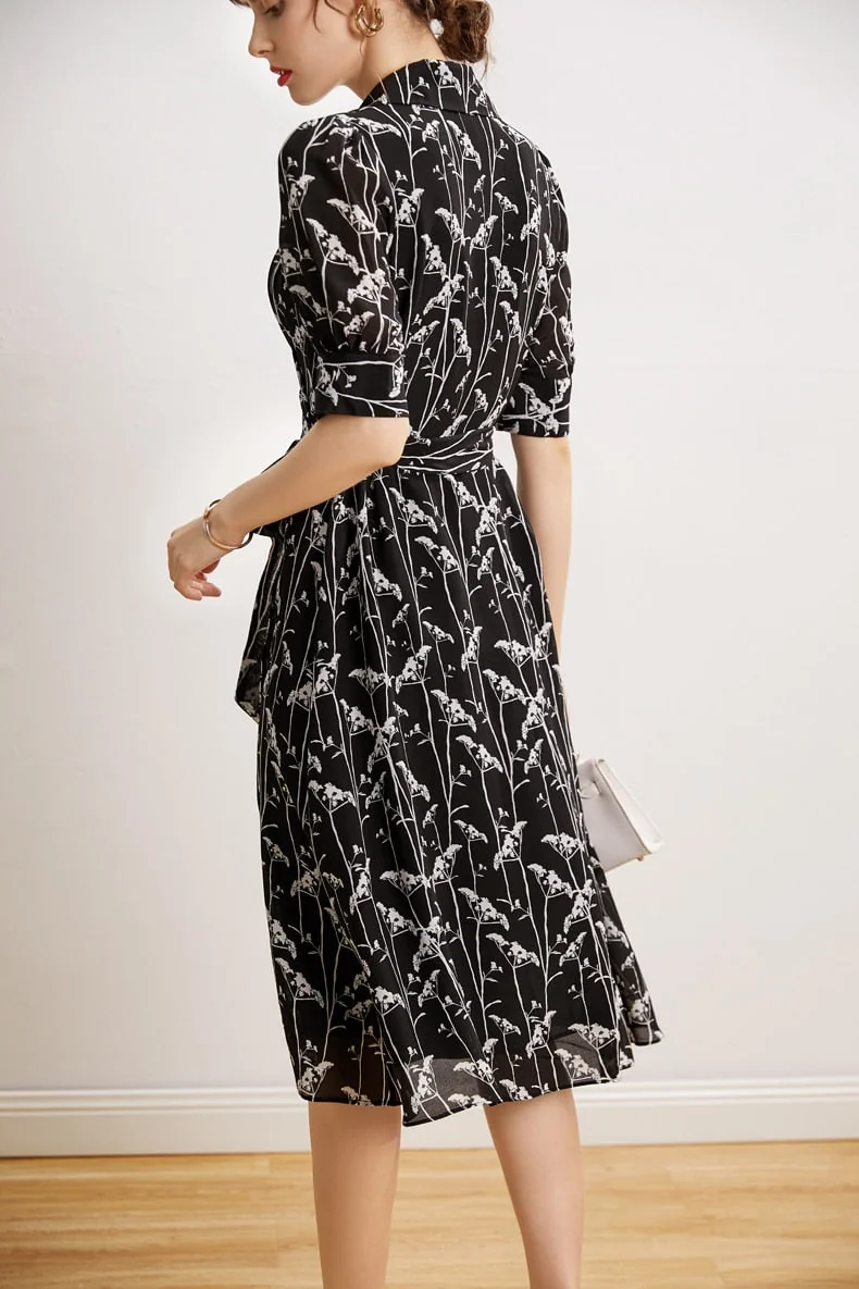 100% Natural Heavy Silk Women's Dresses Notched Collar Short Sleeves Sash Belt Printed Elegant Summer Dress Vestidos - Image 7