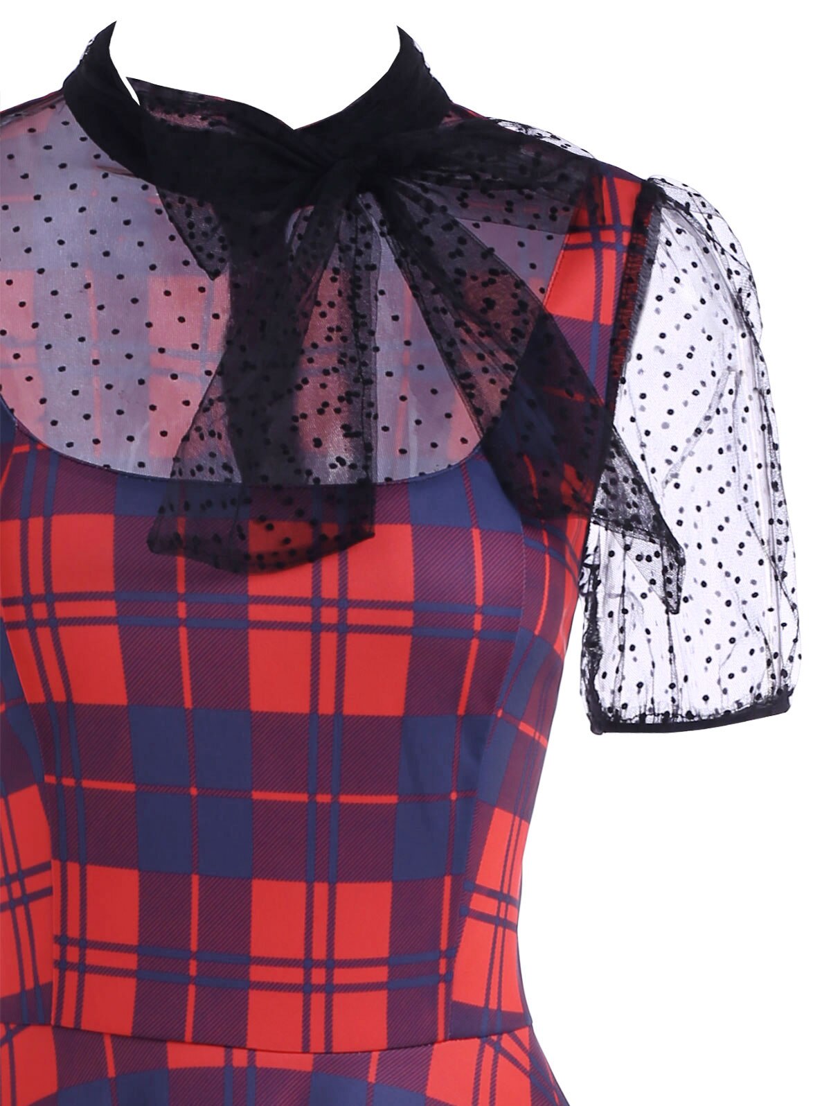 Plus Size Plaid Swiss Dot Bowknot Puff Sleeve Vintage Dress Short Sleeves Sexy Party Dress Elegant Spring Retro Dress - Image 4