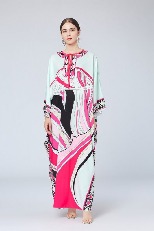 Women's Runway Loose Autumn Dresses Lace Up Batwing Sleeves Multicolor Printed Elegant High Street Split Boho Split Maxi Dresses