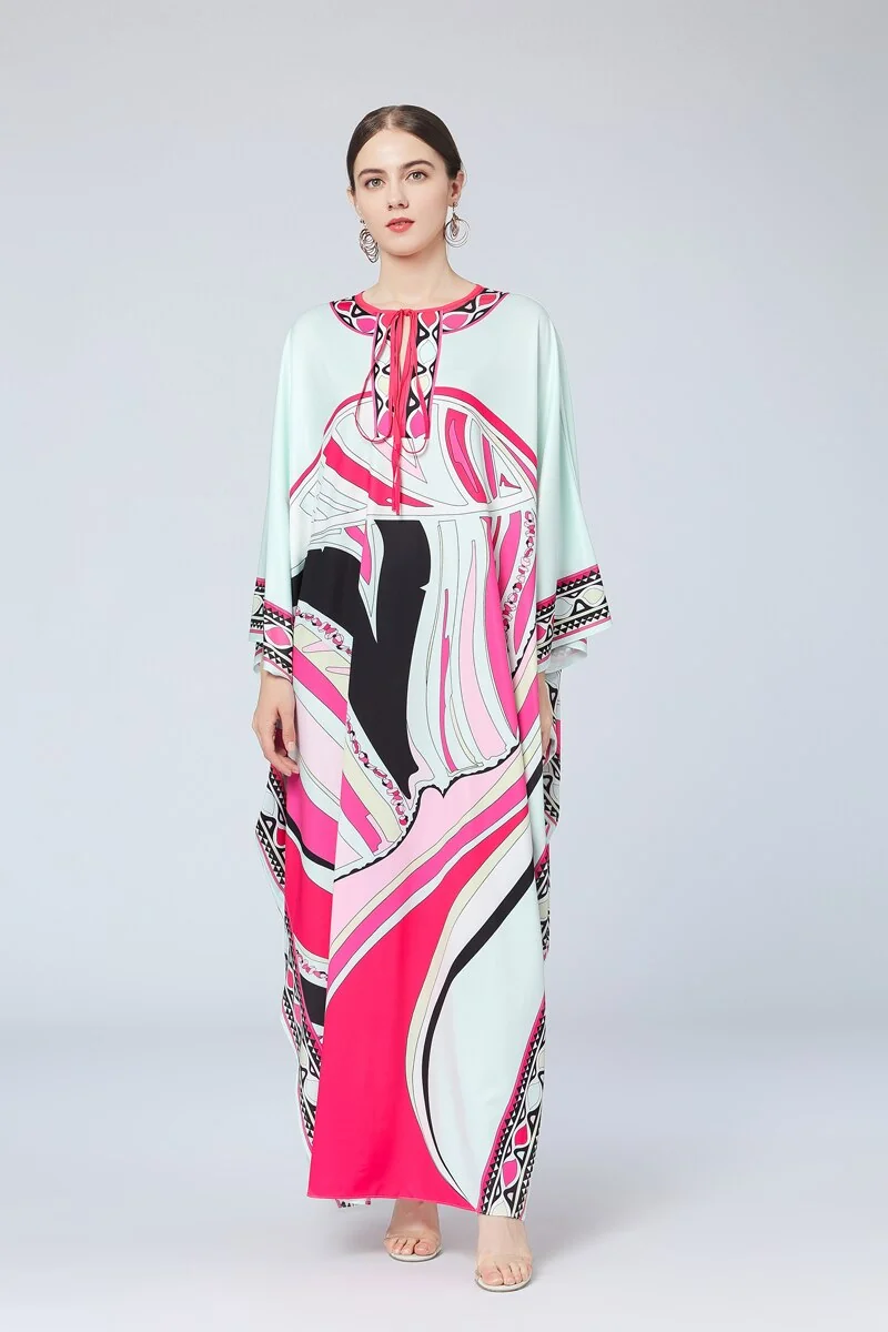 Women's Runway Loose Autumn Dresses Lace Up Batwing Sleeves Multicolor Printed Elegant High Street Split Boho Split Maxi Dresses