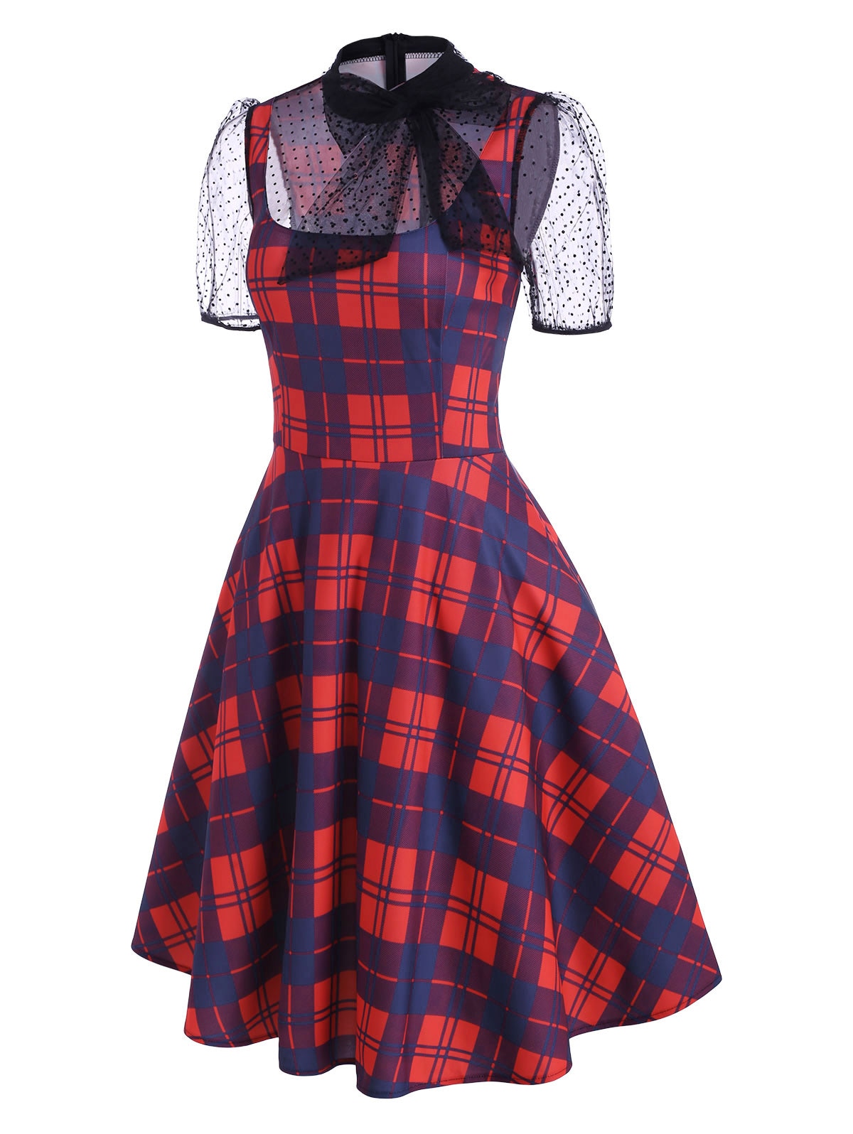 Plus Size Plaid Swiss Dot Bowknot Puff Sleeve Vintage Dress Short Sleeves Sexy Party Dress Elegant Spring Retro Dress