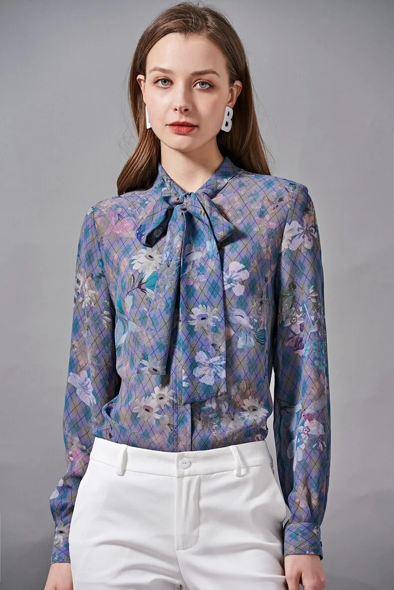 100% Silk Women's Shirt Bow Collar Long Sleeves Floral Plaid Printed Fashion Blouse Camisa Tops - Image 5