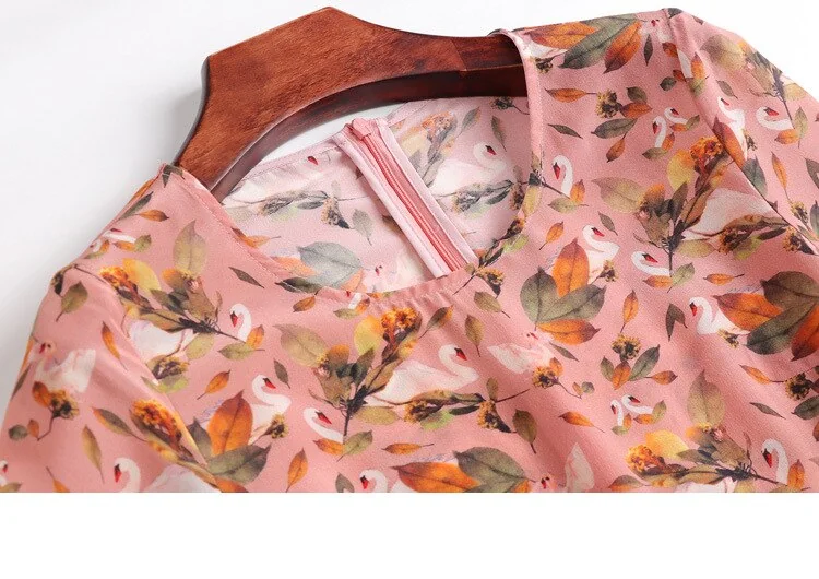 100% Silk Women's Dresses O Neck Short Sleeves Floral printed Ruffles Fashion Casual Dresses - Image 8