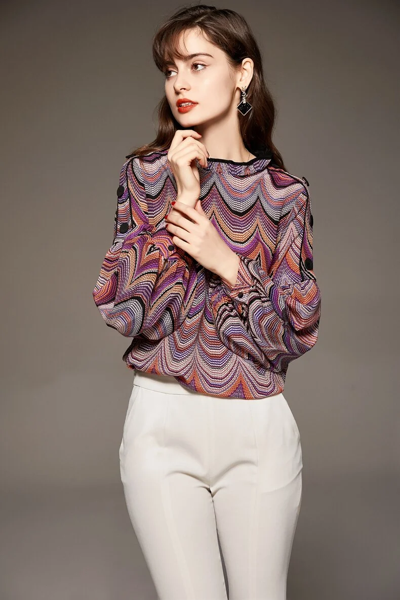 100% Silk Women's Shirt Ruffled Collar Long Lantern Sleeves Waves Printed Piping Fashion Casual Blouse - Image 4