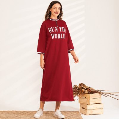 Ladies Fashion Sports Letters Printing over the Knee Red Loose Mid-length Small Stand-up Collar T-shirt Woman Dress