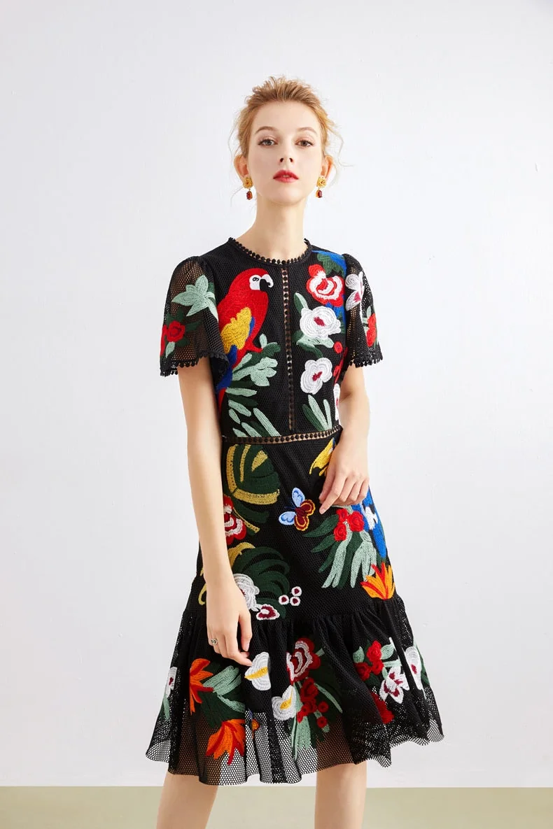 Women's Runway Dresses O Neck Short Sleeves Embroidery Elegant High Street Fashion Casual Dresses