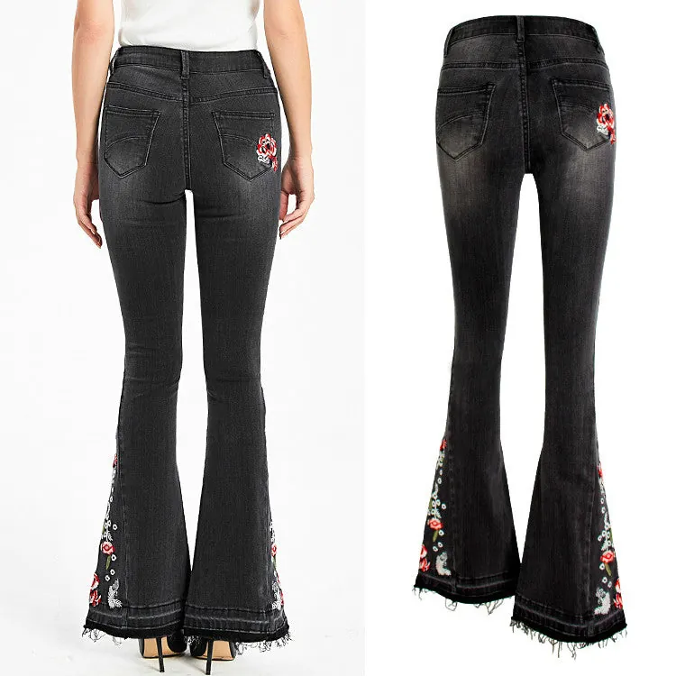 Vintage Embroidery Jeans Woman Elastic Black Jeans Spring Autumn Flare Denim Pants - Image 4