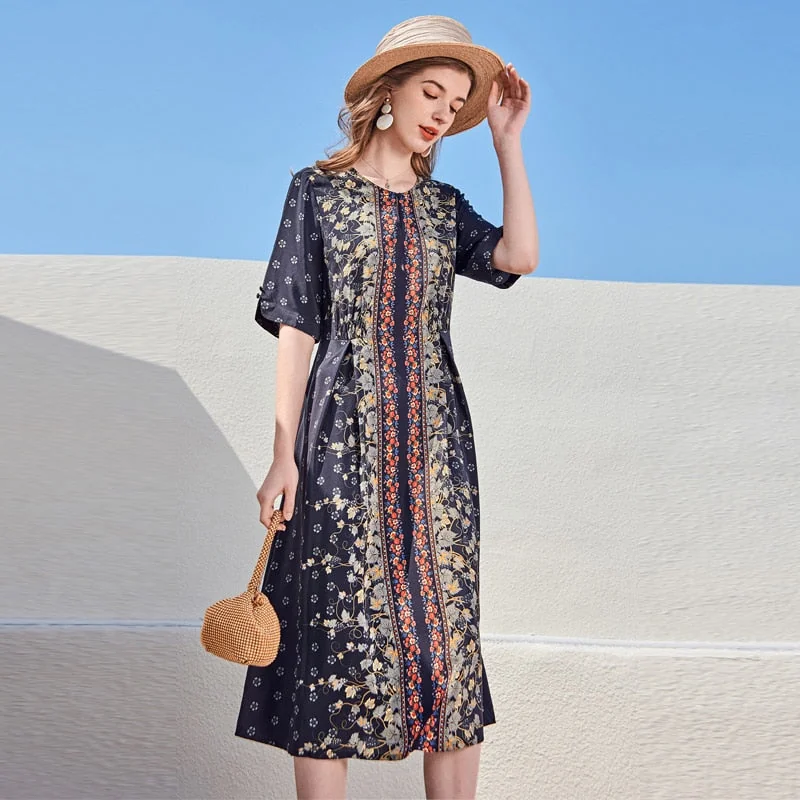 100% Silk Women's Runway Dresses O Neck Short Sleeves Printed Lace Up Fashion Casual Mid Summer Dresses - Image 6