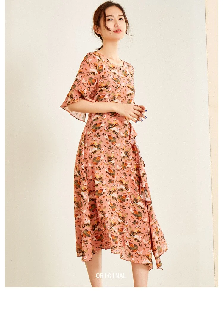100% Silk Women's Dresses O Neck Short Sleeves Floral printed Ruffles Fashion Casual Dresses - Image 2