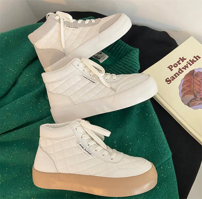 Women Shoes Autumn White PU Leather Sneakers Fashion Platform Sport Shoes Plaid Lace-up Casual Comfy Ankle Boots - Image 10