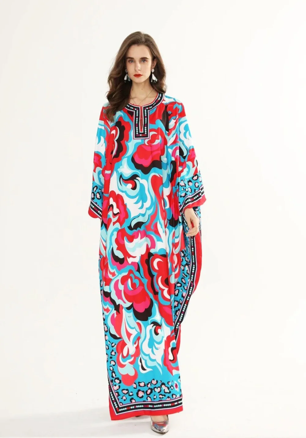 Women's Runway Dresses O Neck Batwing Sleeves Loose Plus Sizes Printed Knitted Elastic Maxi Long Dresses - Image 3