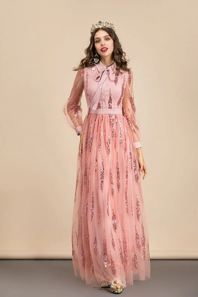 Women's Runway Dresses Turn Down Collar Long Sleeves Sequined Patchwork Elegant Maxi Party Dresses - Image 2