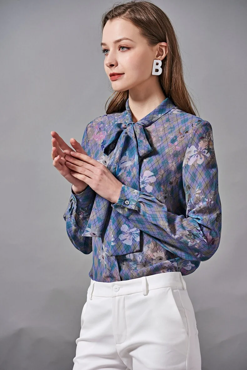 100% Silk Women's Shirt Bow Collar Long Sleeves Floral Plaid Printed Fashion Blouse Camisa Tops - Image 3