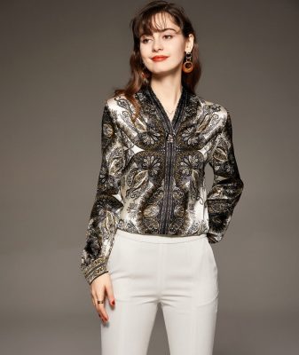 100% Silk Women's Shirt Sexy V Neck Long Lantern Sleeves Printed Fashion Pullover Blouse Camisas