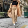 Streetwear Khaki Wide Leg Women Pants Casual Loose High Waist Flared Cargo Pants