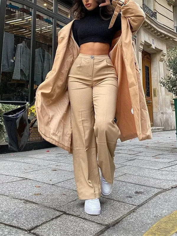 Streetwear Khaki Wide Leg Women Pants Casual Loose High Waist Flared Cargo Pants