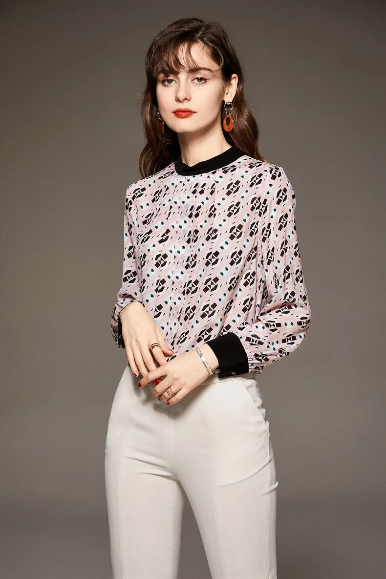 100 Silk Women's Shirt O Neck Long Sleeves Printed Ruched Pullover Fashion Blouse Elegant Tops - Image 4