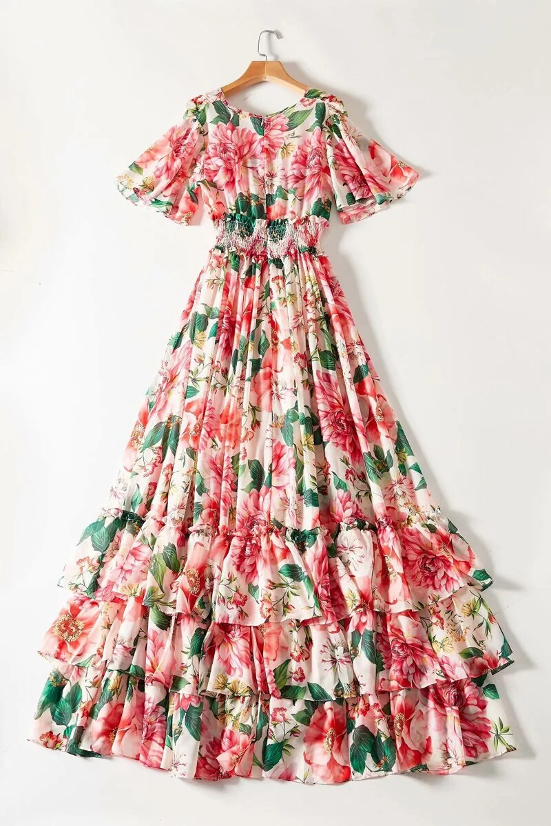 Women's Runway Dresses Sexy V Neck Short Flare Sleeves Floral Printed Tiered Ruffles Fashion Elegant Prom Long Dresses - Image 10