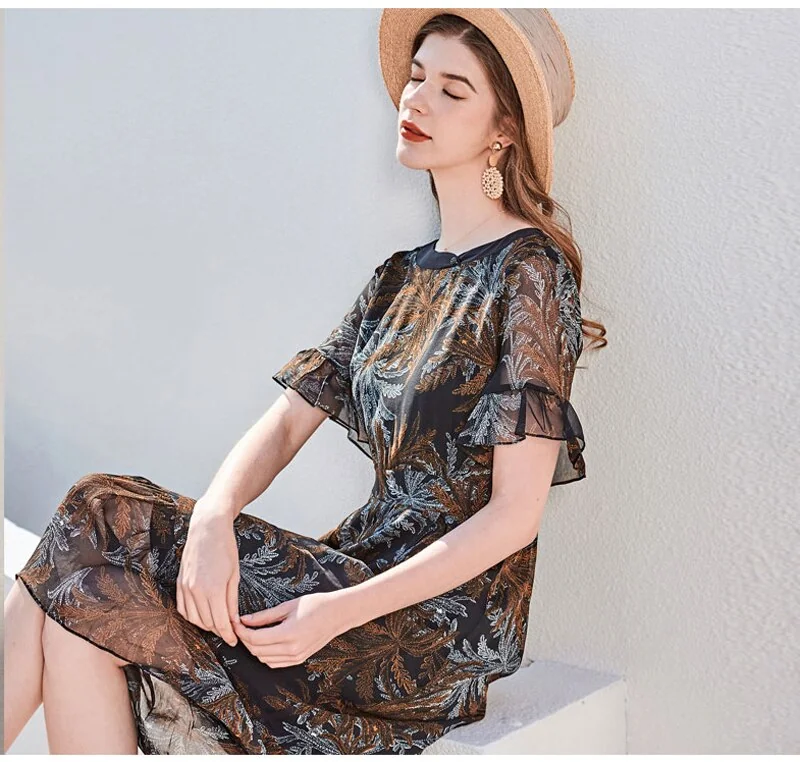 100% Silk Women's Runway Dresses O Neck Short Sleeves Ruffles Printed Fashion Summer Holiday Dresses - Image 7