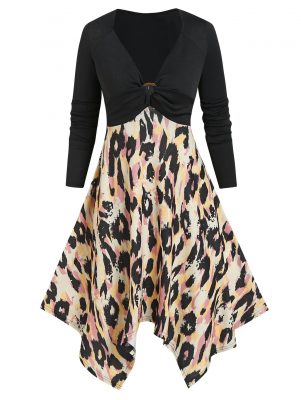 Leopard Print Ribbed Handkerchief Sweater Dress Vintage Elegant 3xl Casual Dress Long Sleeve Mini Dress Vestidos Femme