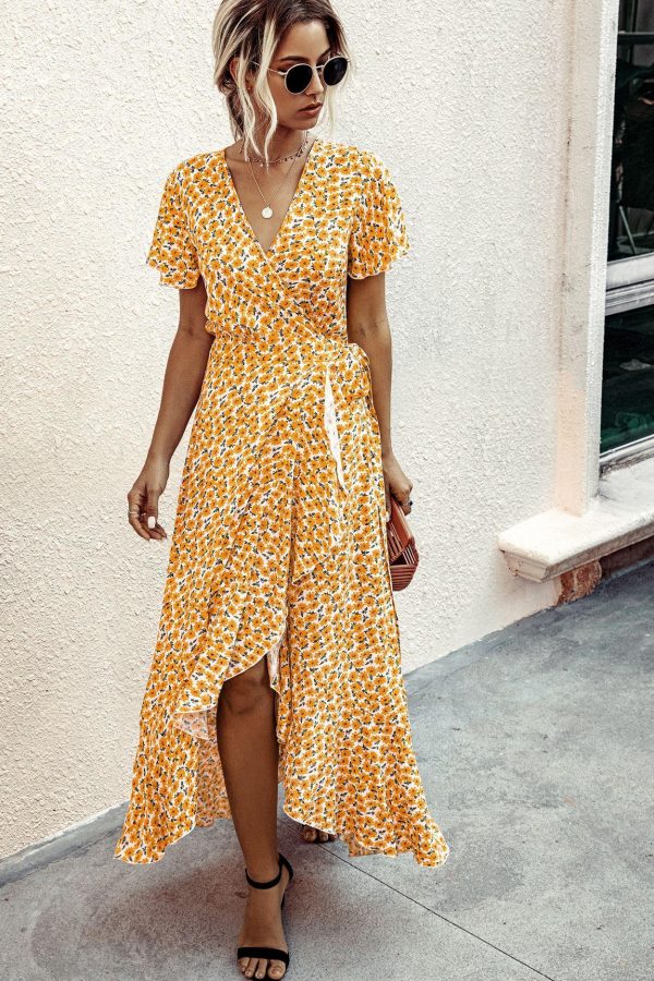 Summer Maxi Dress Women Polka Dot Sexy V Neck Ruffles Short Sleeve Holiday Long Beach Sundress Ladies Lace Up Wrap Party Dresses - Takalr