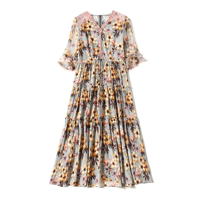 100% Natural Silk Women's Dresses Sexy V Neck Half Sleeves Lace Patchwork Floral Printed Ruffles Fashion Mid Summer Dress - Image 8